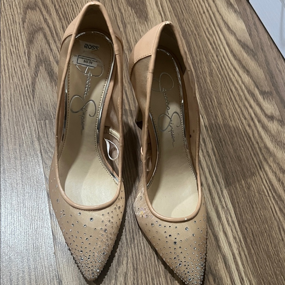 Jessica Simpson Tan Pointed Toe Rhinestone Pumps